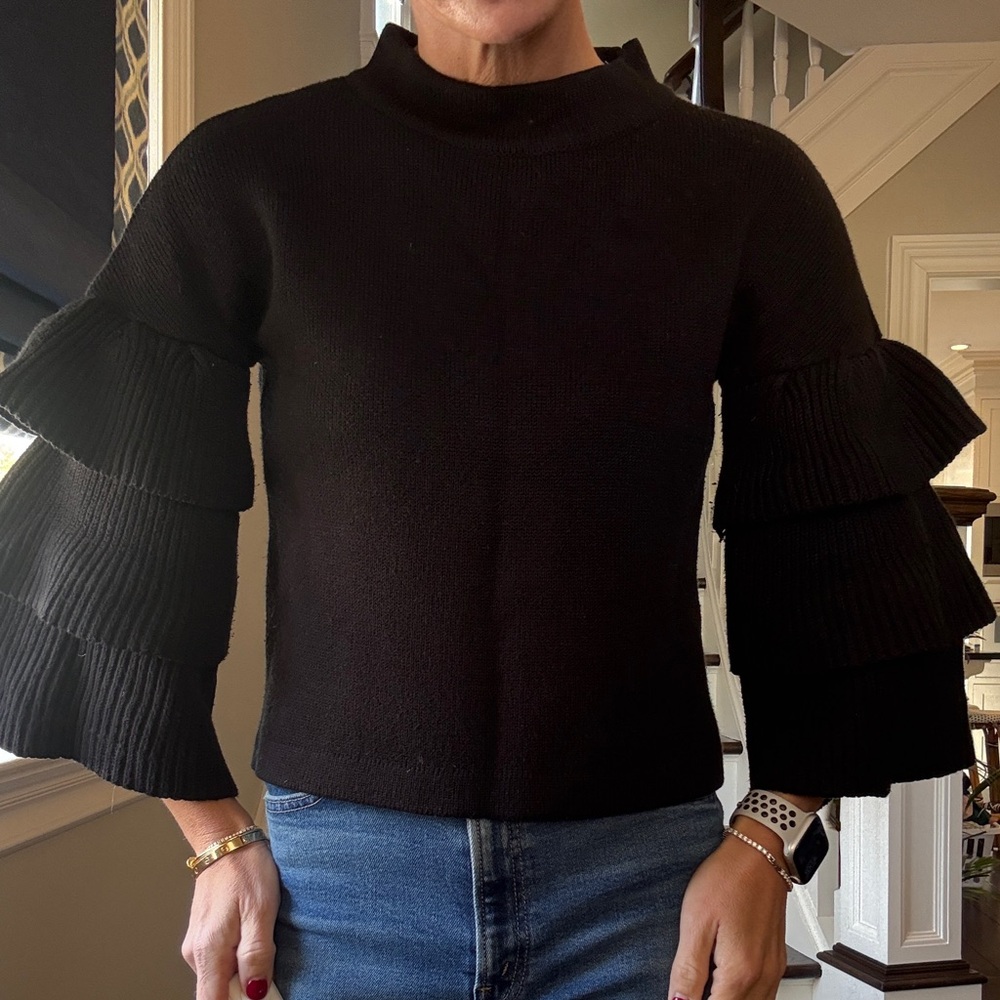 Elegant mock neck Black Ruffle Sleeve Sweater